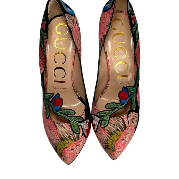 GUCCI Ophelia Embroidered Flower Heels Size 37.5 Cloth EUC Floral - Picture 3 of 12